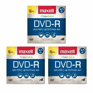 New Sealed Maxell DVD-R Discs, 4.7GB, 16x, w/Jewel Cases, 5/Pack x 3